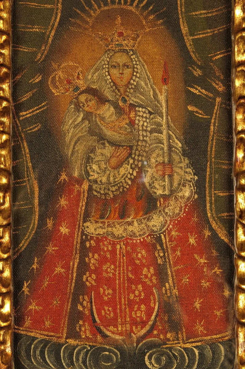 Ancienne peinture à l'huile sur toile, école de Cuzco vers 1850 / Vierge à l'Enfant-photo-4
