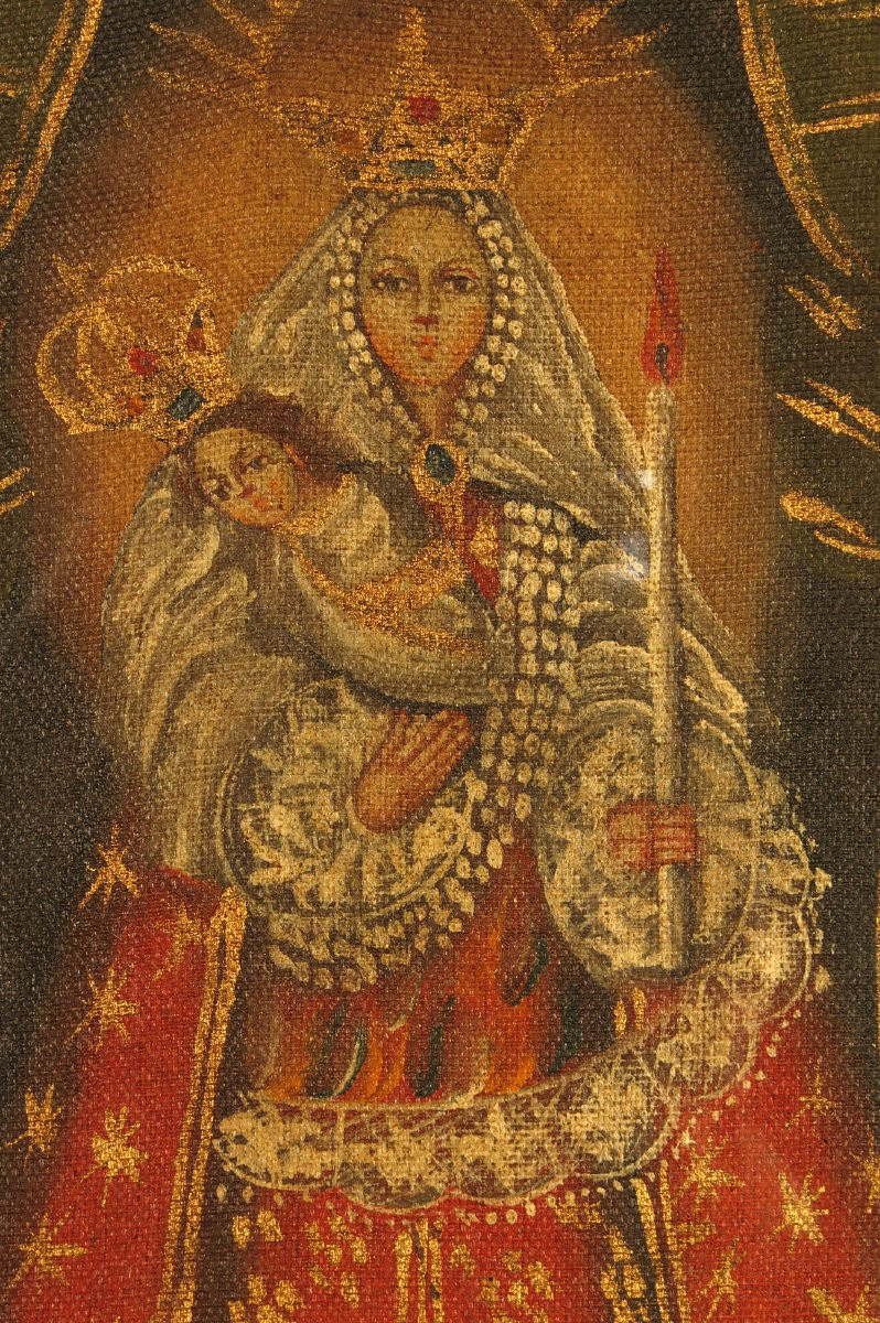 Ancienne peinture à l'huile sur toile, école de Cuzco vers 1850 / Vierge à l'Enfant-photo-1