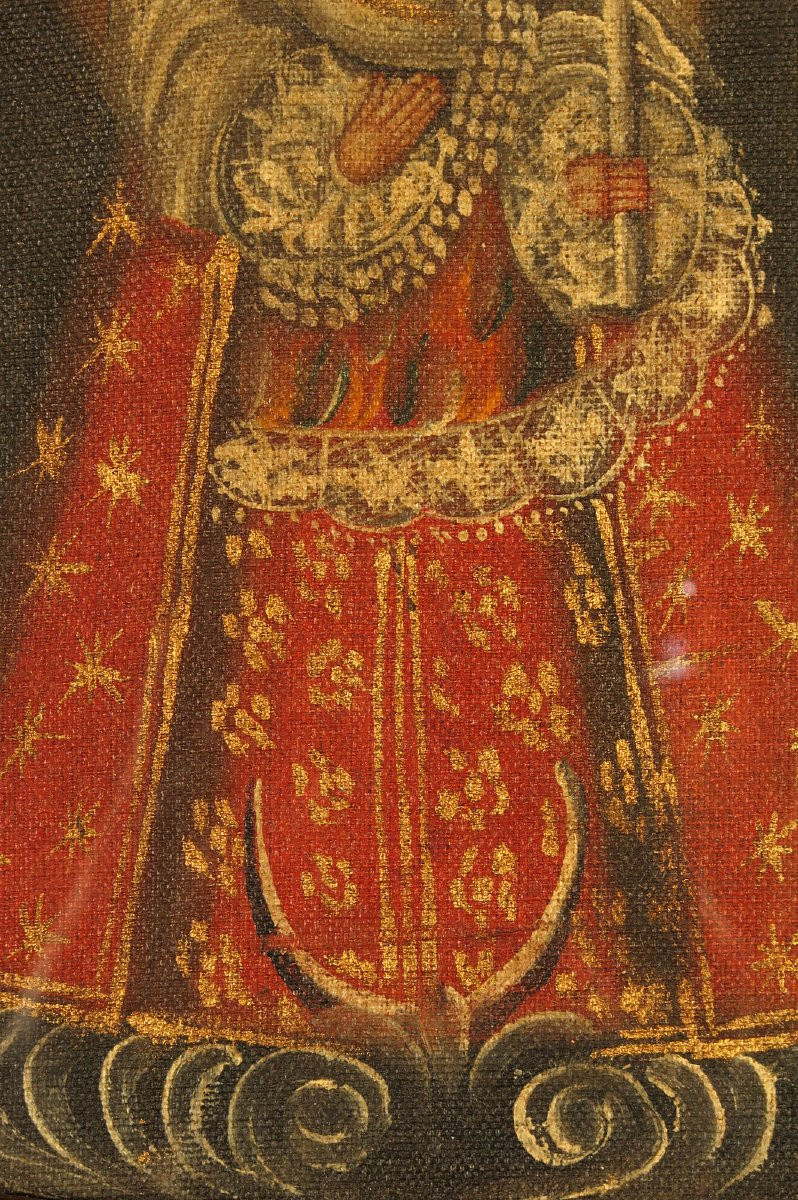 Ancienne peinture à l'huile sur toile, école de Cuzco vers 1850 / Vierge à l'Enfant-photo-2