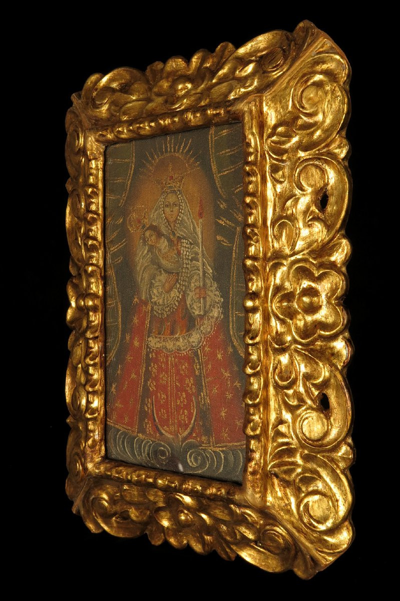 Ancienne peinture à l'huile sur toile, école de Cuzco vers 1850 / Vierge à l'Enfant-photo-3