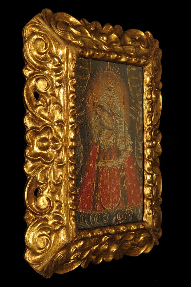 Ancienne peinture à l'huile sur toile, école de Cuzco vers 1850 / Vierge à l'Enfant-photo-6