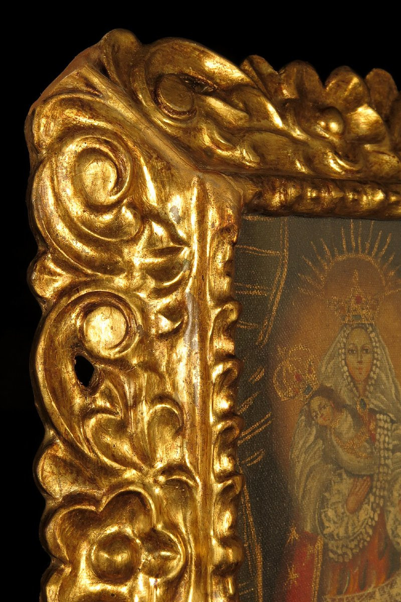 Ancienne peinture à l'huile sur toile, école de Cuzco vers 1850 / Vierge à l'Enfant-photo-7