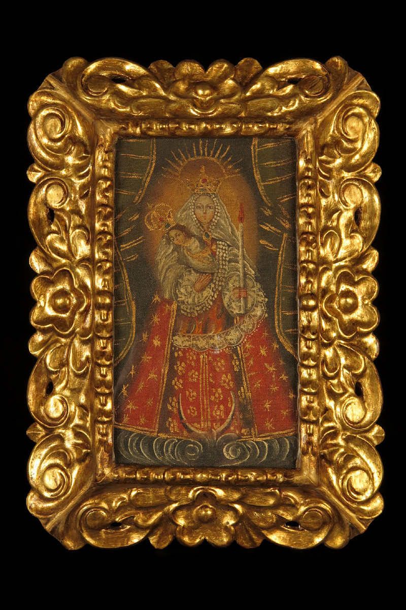 Ancienne peinture à l'huile sur toile, école de Cuzco vers 1850 / Vierge à l'Enfant