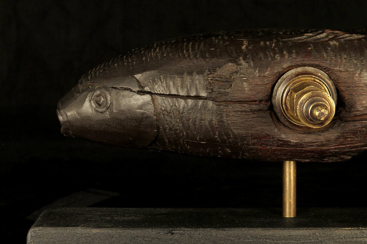 Antique Barrel Lock, Alsatian Folk Art Circa 1880 / Wooden Fish Sculpture-photo-2