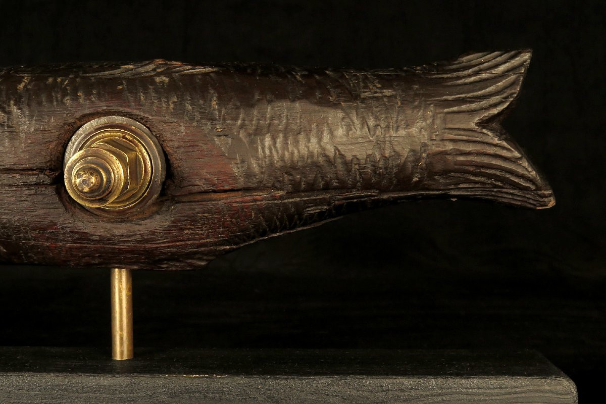 Antique Barrel Lock, Alsatian Folk Art Circa 1880 / Wooden Fish Sculpture-photo-3