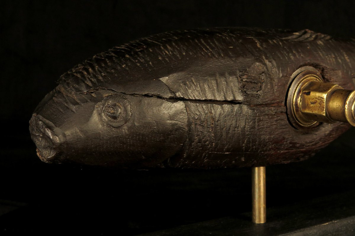 Antique Barrel Lock, Alsatian Folk Art Circa 1880 / Wooden Fish Sculpture-photo-1