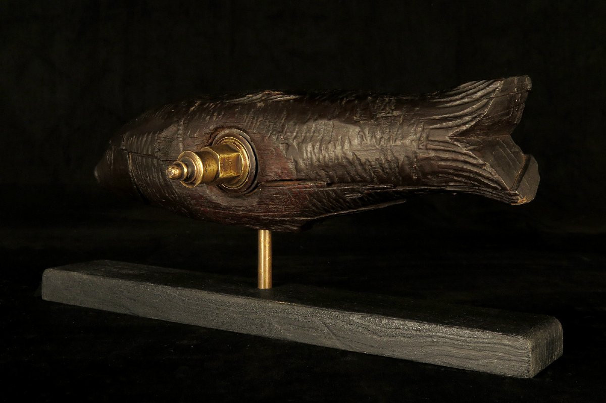 Antique Barrel Lock, Alsatian Folk Art Circa 1880 / Wooden Fish Sculpture-photo-3