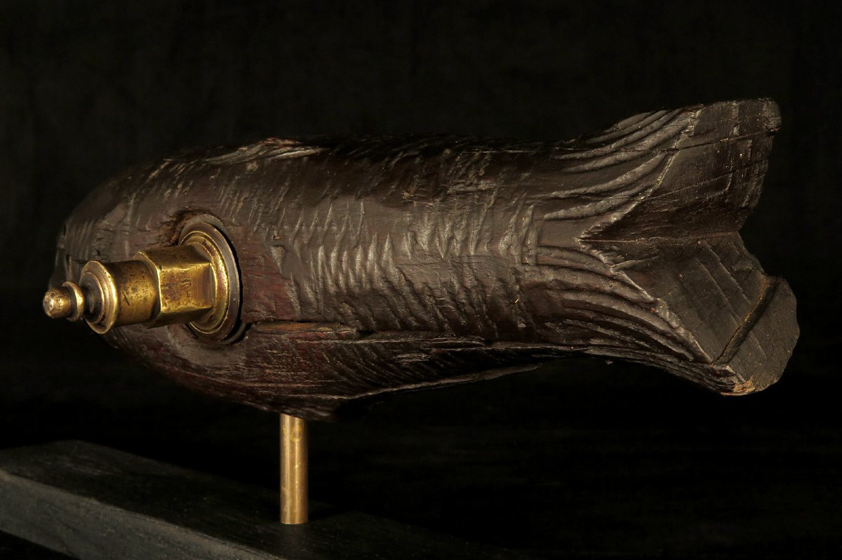 Antique Barrel Lock, Alsatian Folk Art Circa 1880 / Wooden Fish Sculpture-photo-4