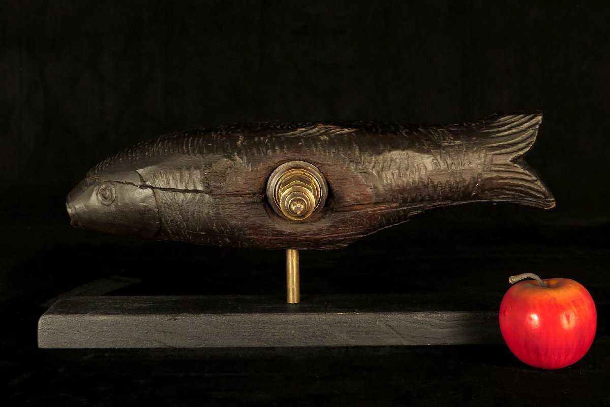 Antique Barrel Lock, Alsatian Folk Art Circa 1880 / Wooden Fish Sculpture-photo-6