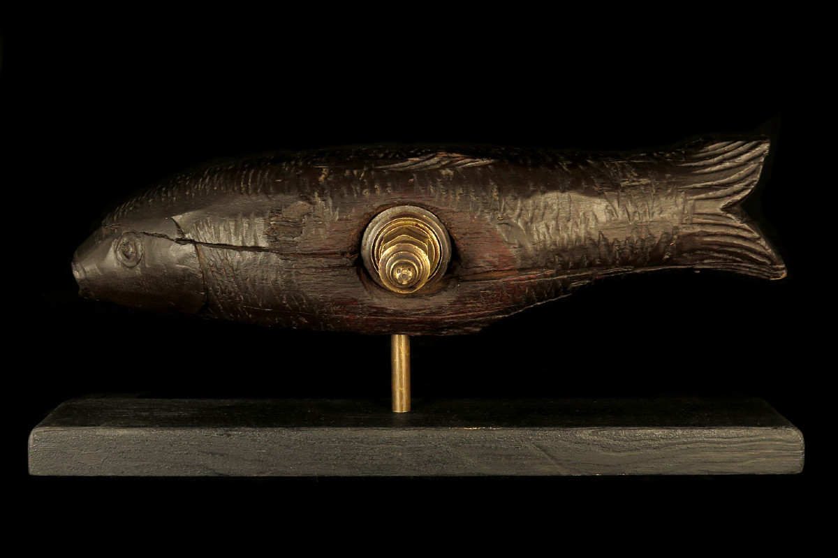 Antique Barrel Lock, Alsatian Folk Art Circa 1880 / Wooden Fish Sculpture