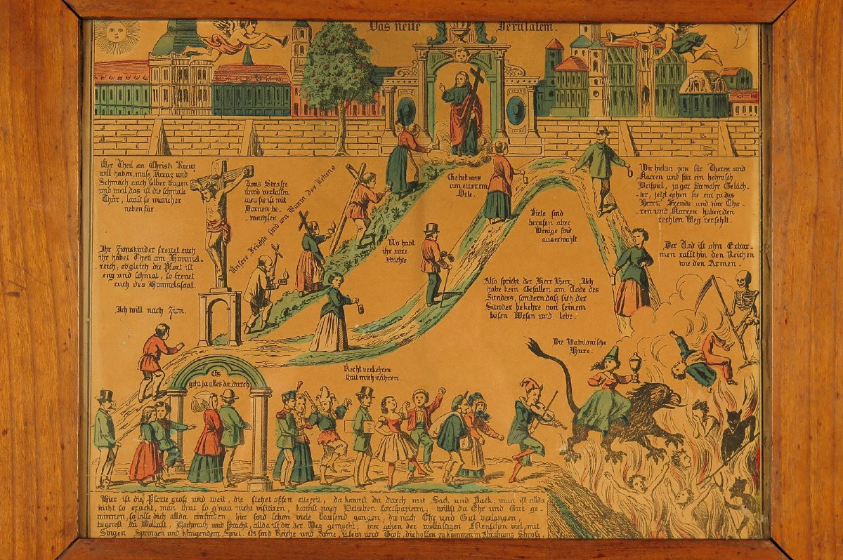 Antique Enhanced Lithograph, "les Trois Chemins De l'éternité" Circa 1850. God And Devil-photo-2