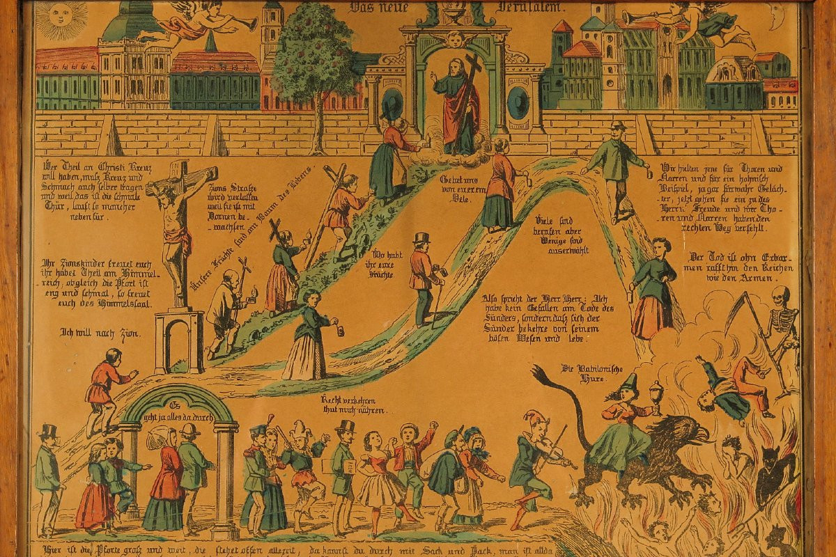 Antique Enhanced Lithograph, "les Trois Chemins De l'éternité" Circa 1850. God And Devil-photo-3