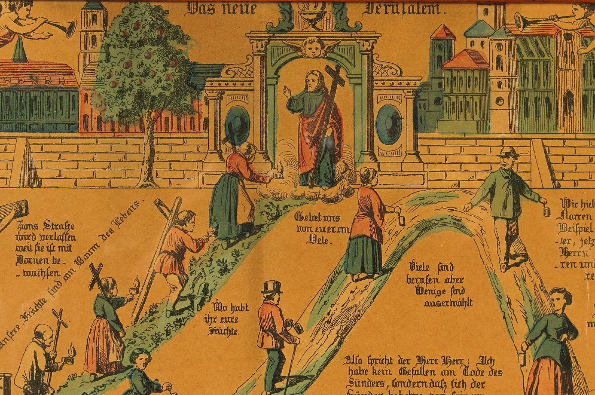 Antique Enhanced Lithograph, "les Trois Chemins De l'éternité" Circa 1850. God And Devil-photo-1