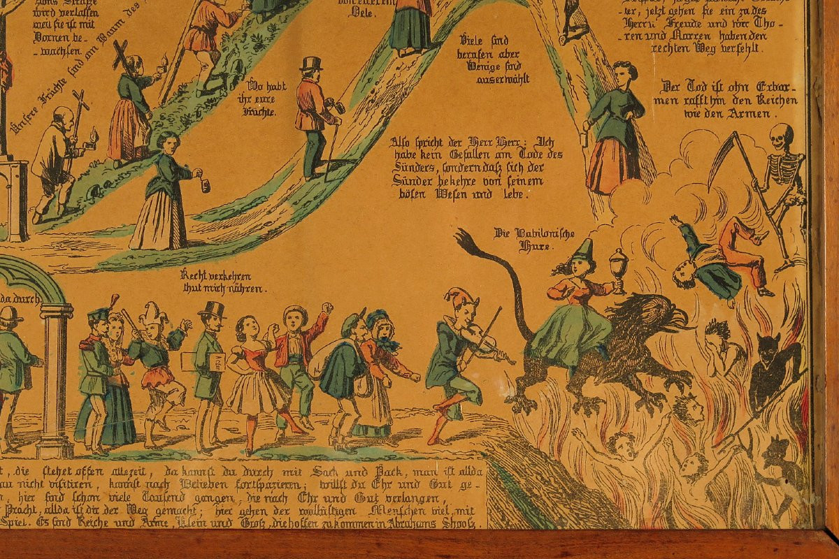 Antique Enhanced Lithograph, "les Trois Chemins De l'éternité" Circa 1850. God And Devil-photo-2