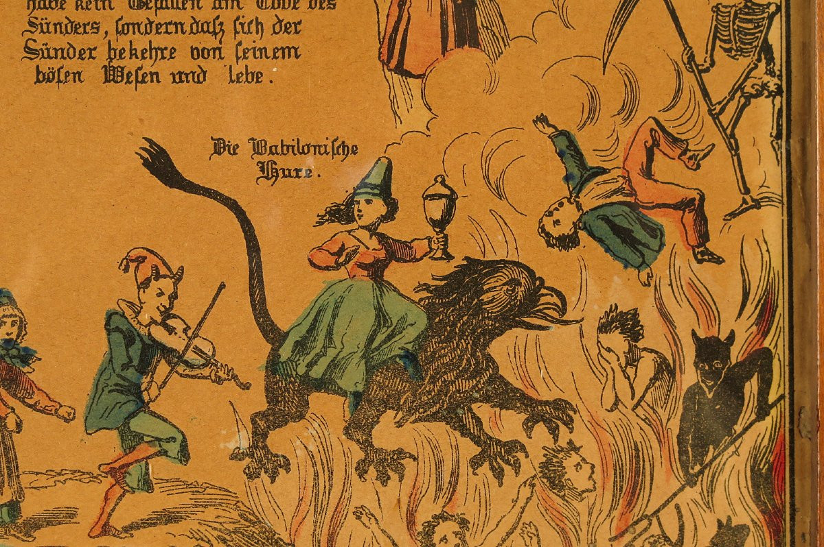 Antique Enhanced Lithograph, "les Trois Chemins De l'éternité" Circa 1850. God And Devil-photo-3