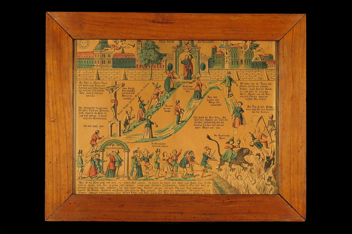 Antique Enhanced Lithograph, "les Trois Chemins De l'éternité" Circa 1850. God And Devil