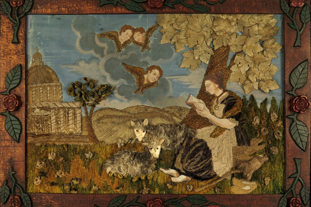 Old Painting Of Sainte Geneviève, Folk Art Circa 1850 / Painting Embroidery-photo-2