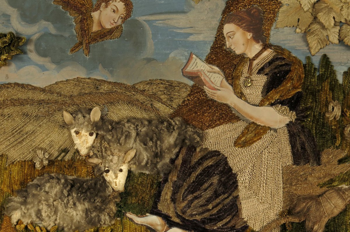 Old Painting Of Sainte Geneviève, Folk Art Circa 1850 / Painting Embroidery-photo-4