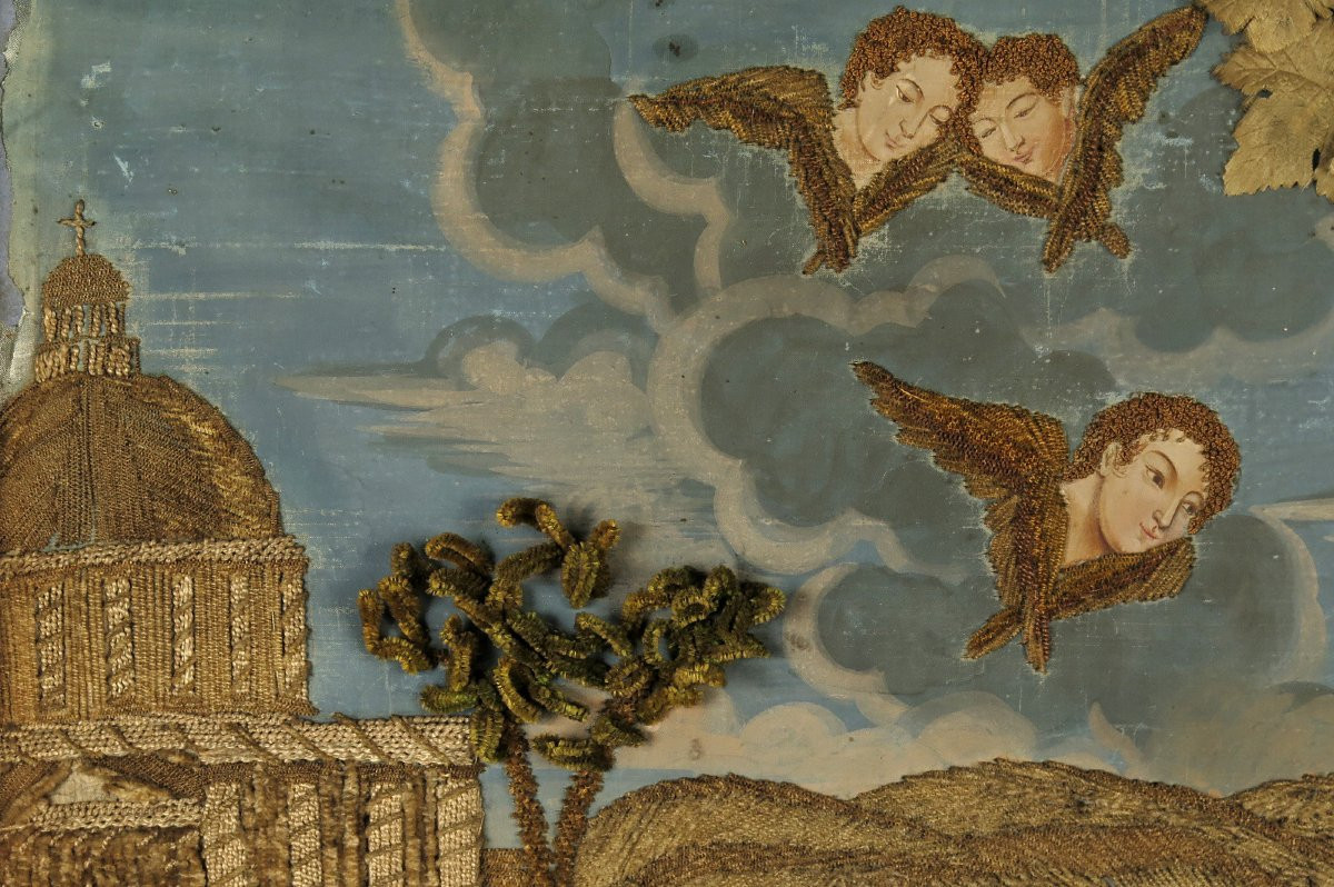 Old Painting Of Sainte Geneviève, Folk Art Circa 1850 / Painting Embroidery-photo-1