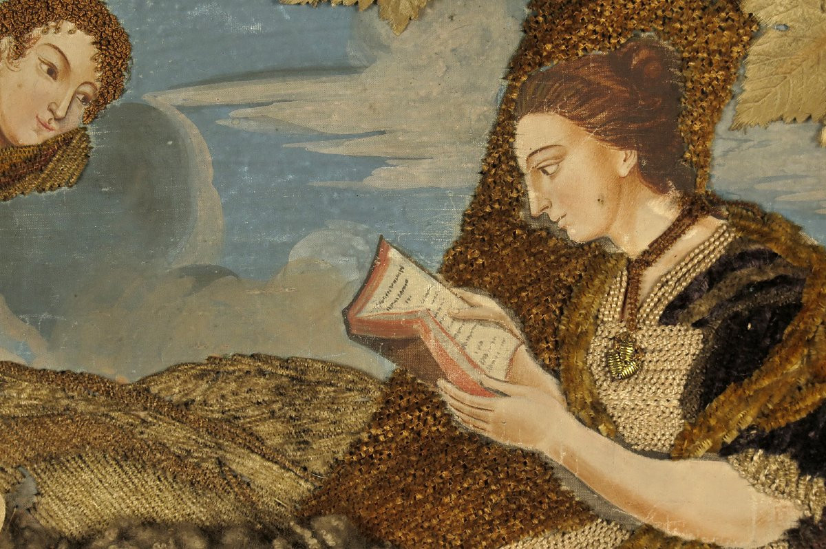 Old Painting Of Sainte Geneviève, Folk Art Circa 1850 / Painting Embroidery-photo-2