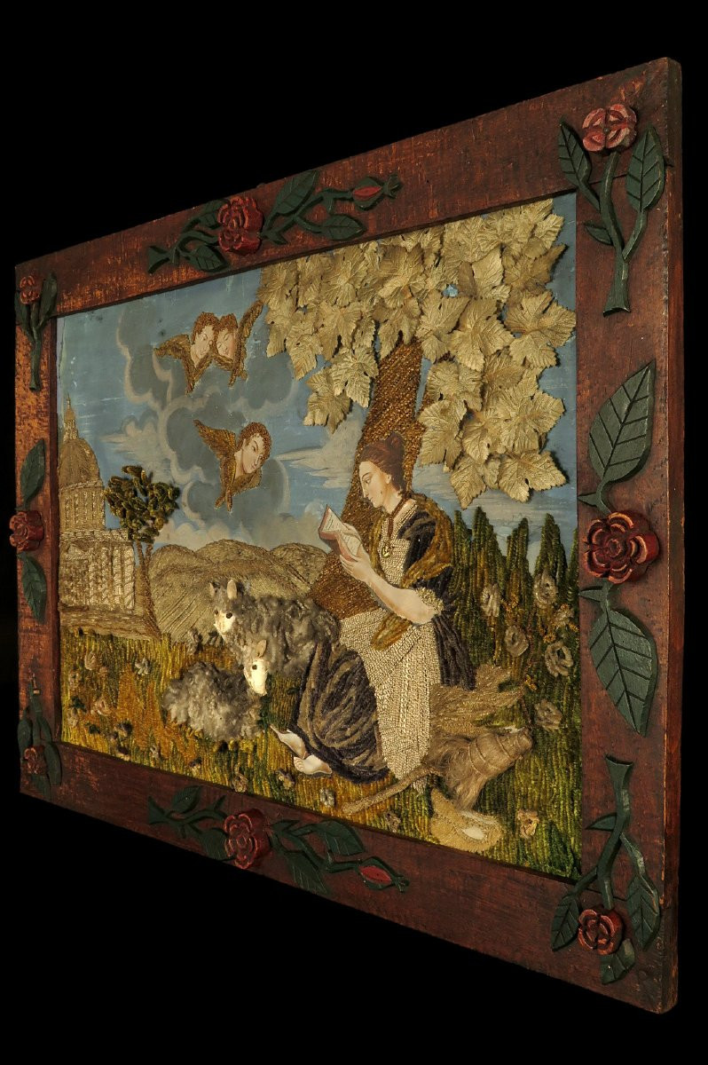 Old Painting Of Sainte Geneviève, Folk Art Circa 1850 / Painting Embroidery-photo-6