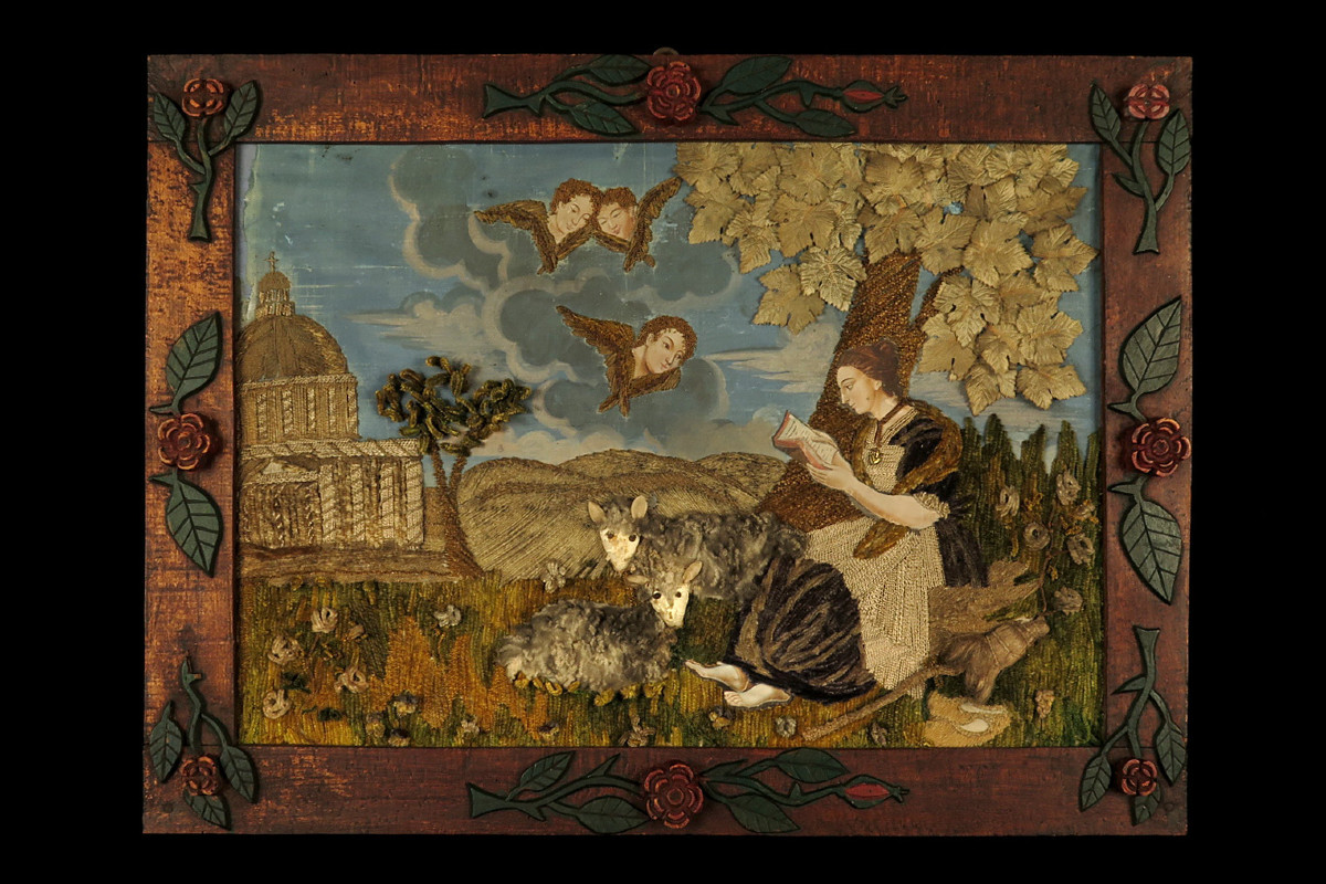 Old Painting Of Sainte Geneviève, Folk Art Circa 1850 / Painting Embroidery