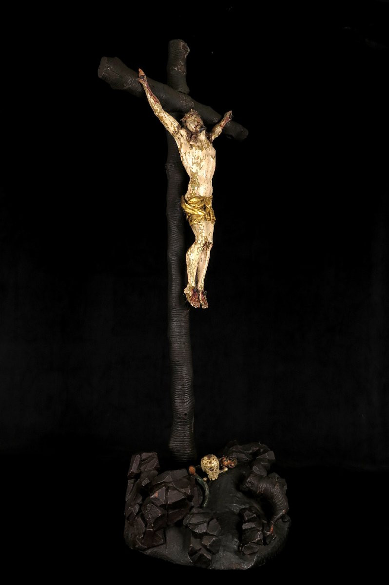 Imposant et ancien Christ sur Croix, art populaire vers 1800 / Sculpture chêne-photo-4