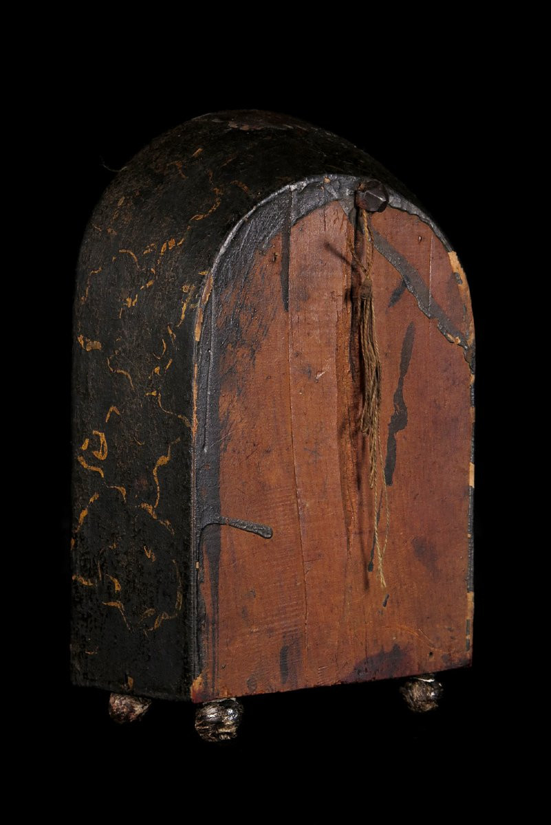 Ancien petit diorama religieux dans un coffret vitré, vers 1850 / Christ Cire Broderie-photo-2