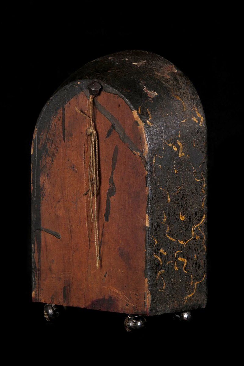 Ancien petit diorama religieux dans un coffret vitré, vers 1850 / Christ Cire Broderie-photo-3