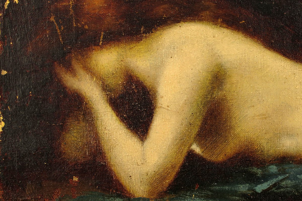 Ancienne peinture à l'huile, portrait d'une femme rousse vers 1900 / Jean-Jacques Henner-photo-4