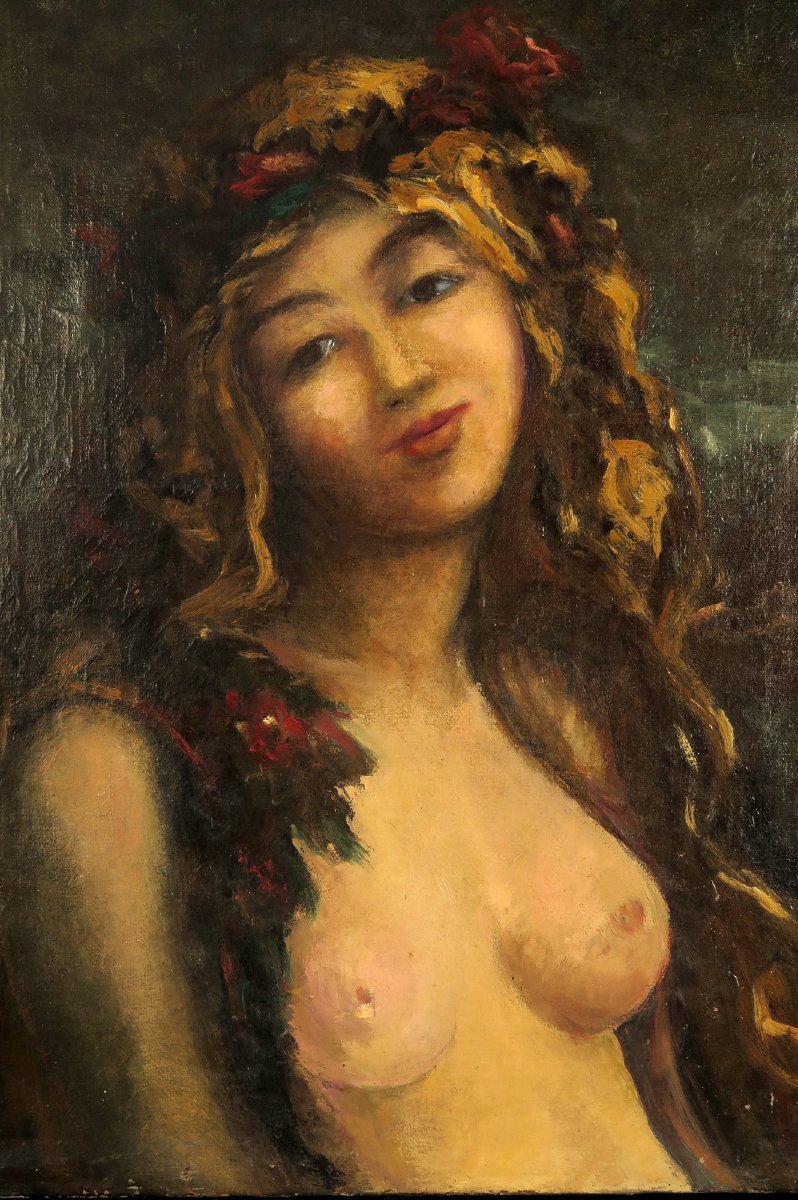 Ancienne peinture à l'huile sur toile, vers 1900. Portrait en buste d'une jeune femme dénudée.-photo-2