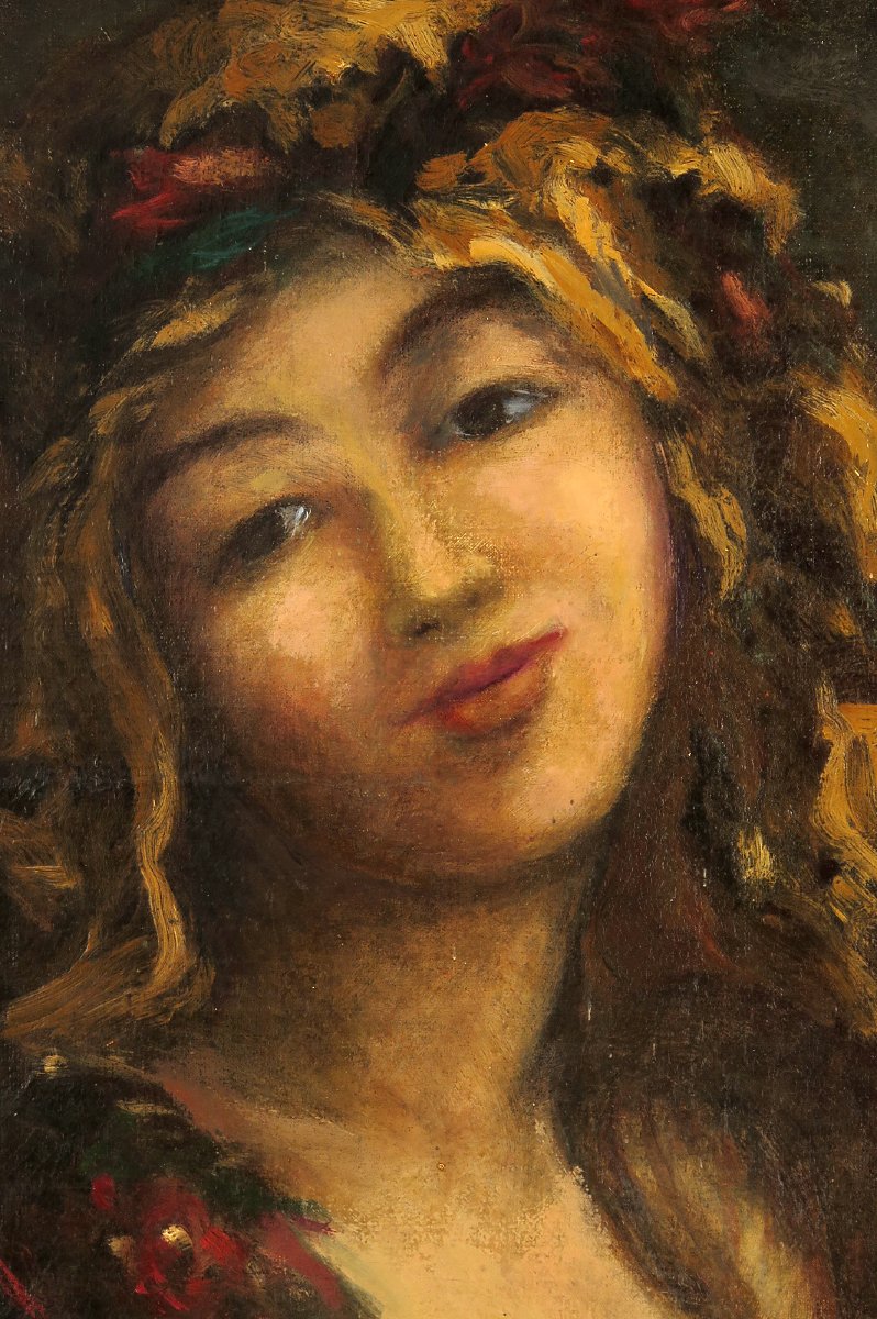 Ancienne peinture à l'huile sur toile, vers 1900. Portrait en buste d'une jeune femme dénudée.-photo-3