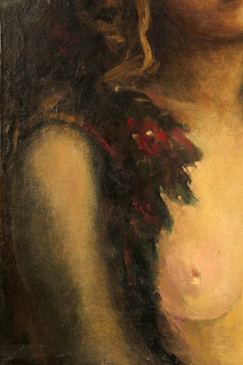 Ancienne peinture à l'huile sur toile, vers 1900. Portrait en buste d'une jeune femme dénudée.-photo-4