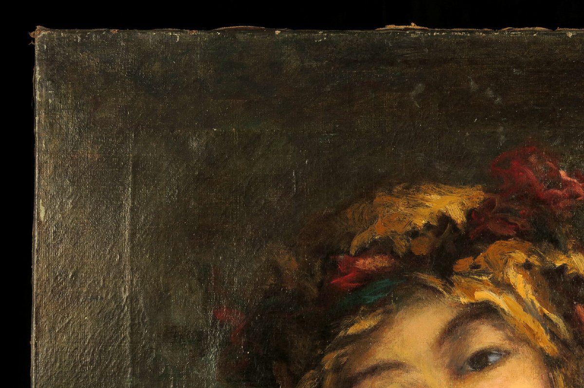 Ancienne peinture à l'huile sur toile, vers 1900. Portrait en buste d'une jeune femme dénudée.-photo-1