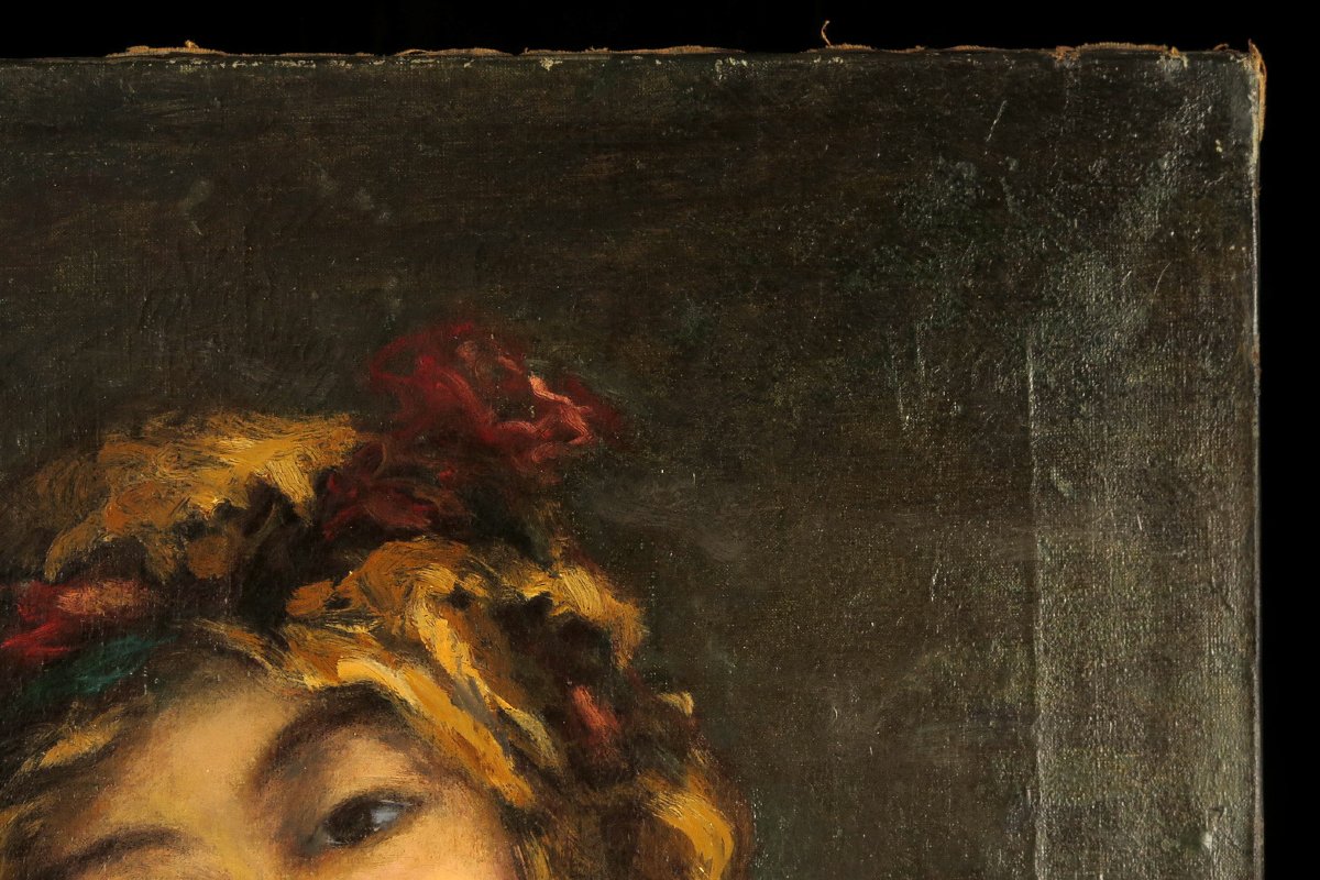 Ancienne peinture à l'huile sur toile, vers 1900. Portrait en buste d'une jeune femme dénudée.-photo-2