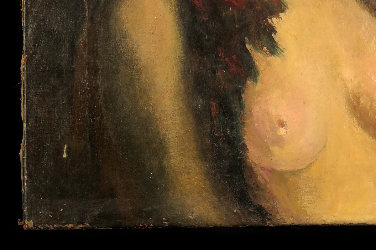 Ancienne peinture à l'huile sur toile, vers 1900. Portrait en buste d'une jeune femme dénudée.-photo-3