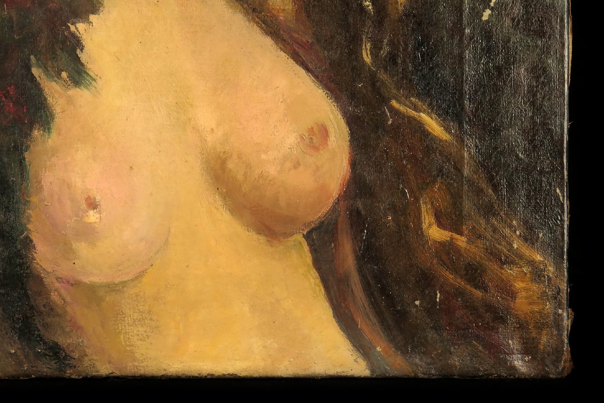 Ancienne peinture à l'huile sur toile, vers 1900. Portrait en buste d'une jeune femme dénudée.-photo-4