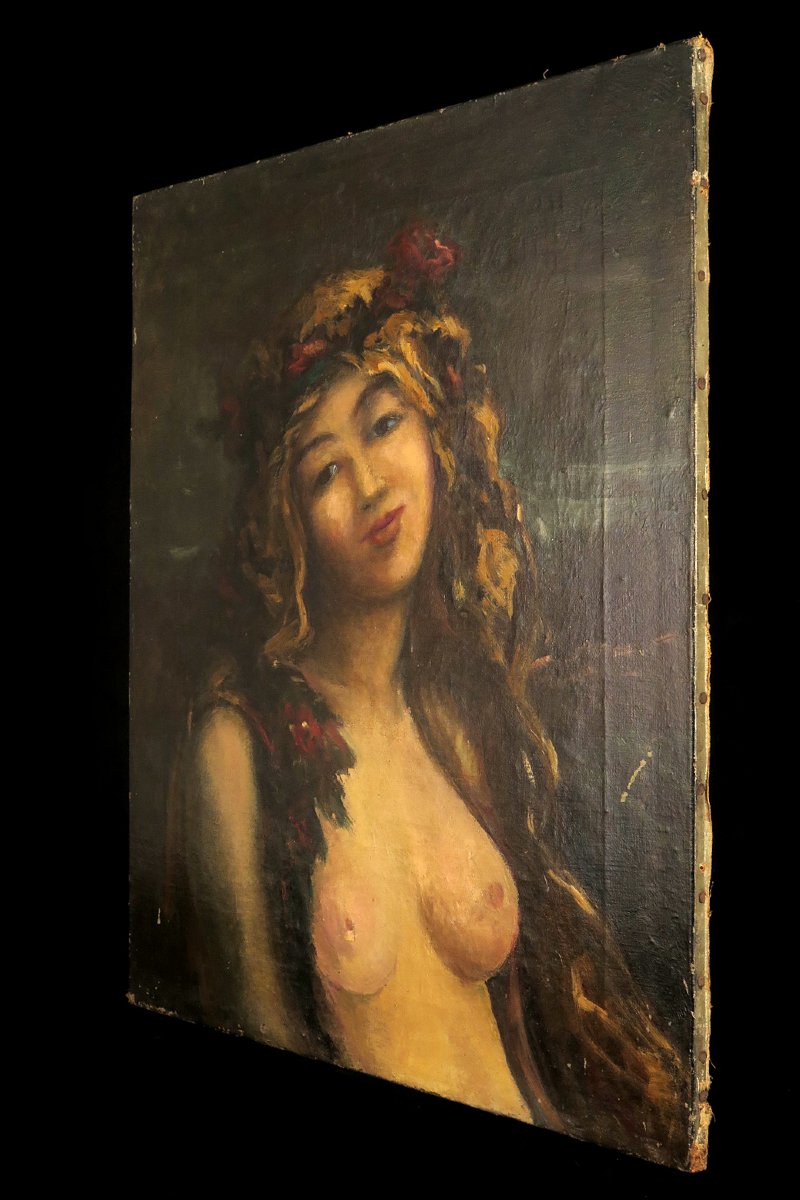 Ancienne peinture à l'huile sur toile, vers 1900. Portrait en buste d'une jeune femme dénudée.-photo-6