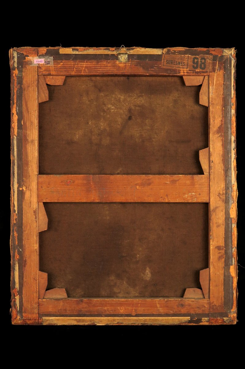 Ancienne peinture à l'huile sur toile, vers 1900. Portrait en buste d'une jeune femme dénudée.-photo-7