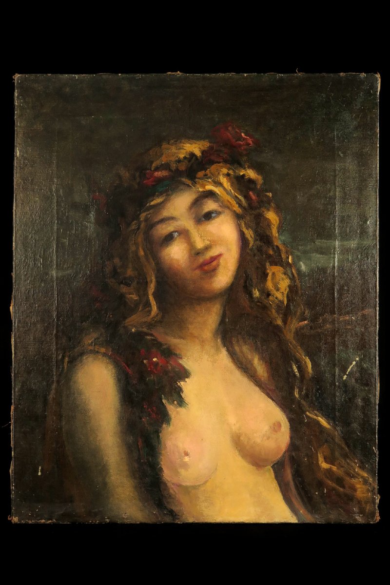 Ancienne peinture à l'huile sur toile, vers 1900. Portrait en buste d'une jeune femme dénudée.