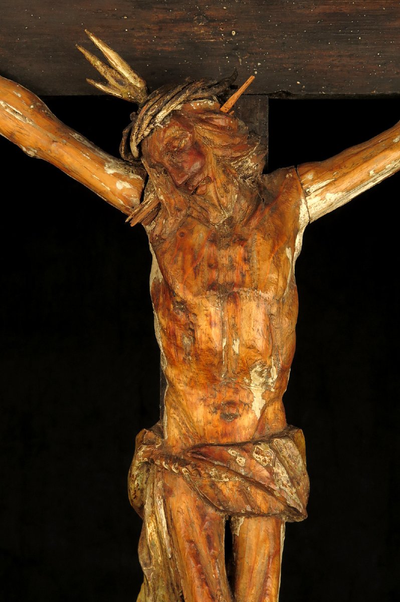 Ancien et imposant Christ sur Croix, art populaire vers 1850.-photo-2