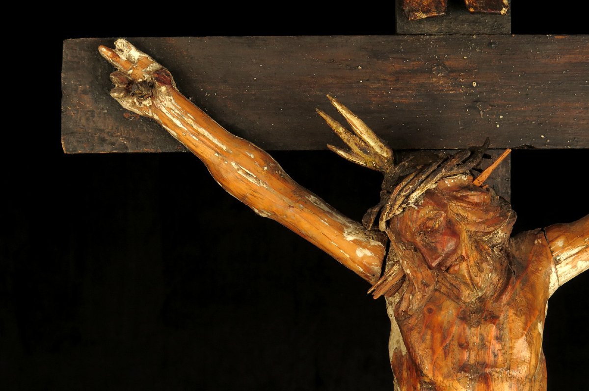 Ancien et imposant Christ sur Croix, art populaire vers 1850.-photo-3