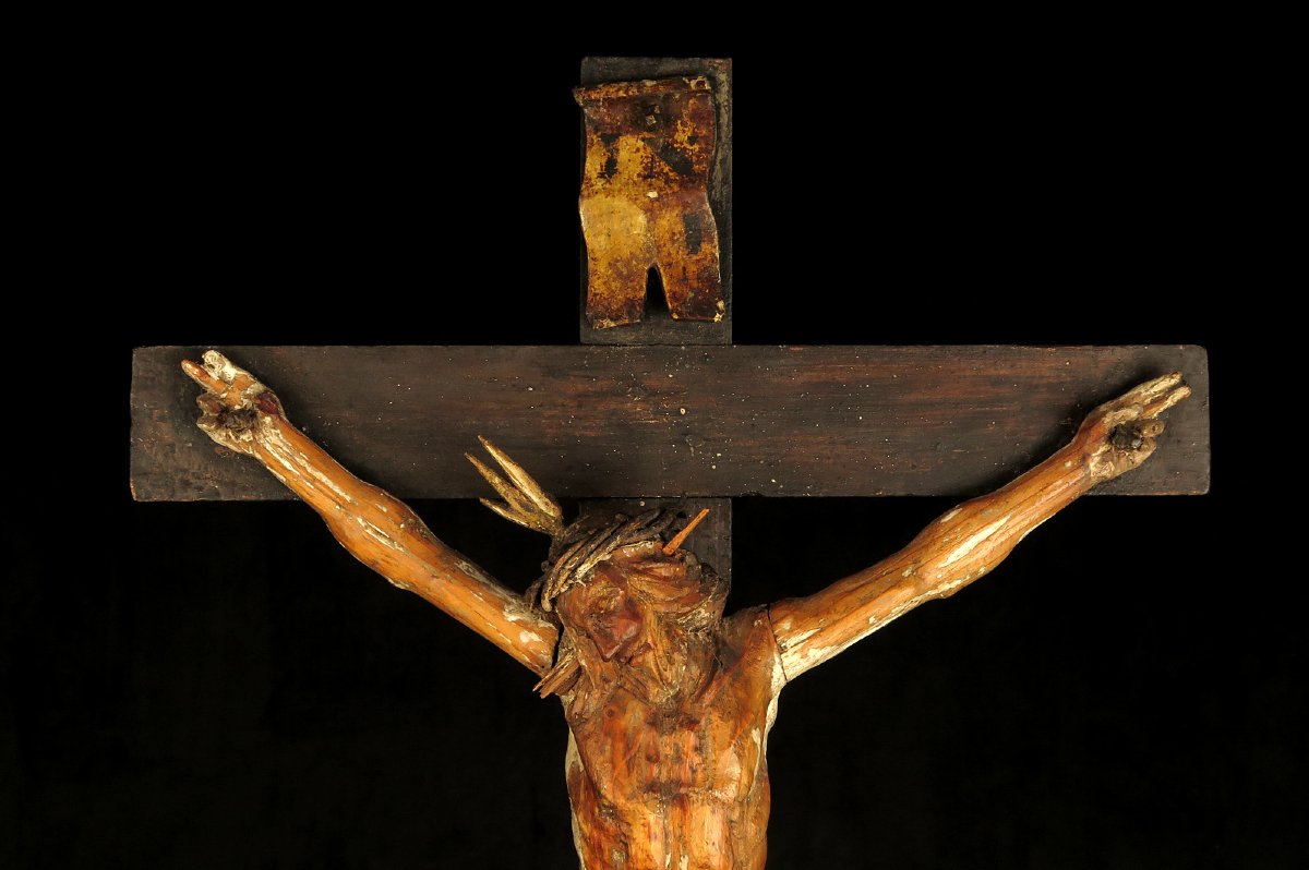 Ancien et imposant Christ sur Croix, art populaire vers 1850.-photo-4