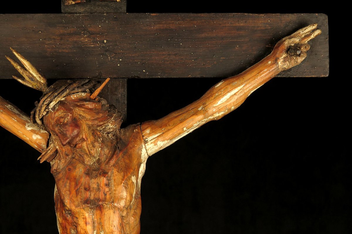 Ancien et imposant Christ sur Croix, art populaire vers 1850.-photo-1