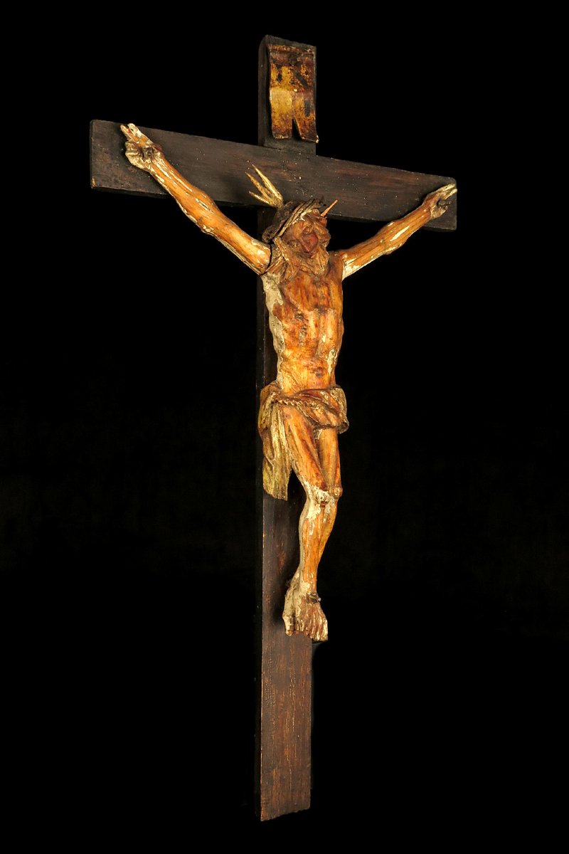 Ancien et imposant Christ sur Croix, art populaire vers 1850.-photo-3