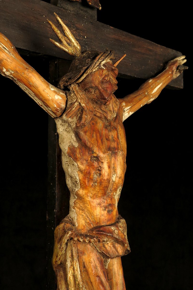 Ancien et imposant Christ sur Croix, art populaire vers 1850.-photo-4
