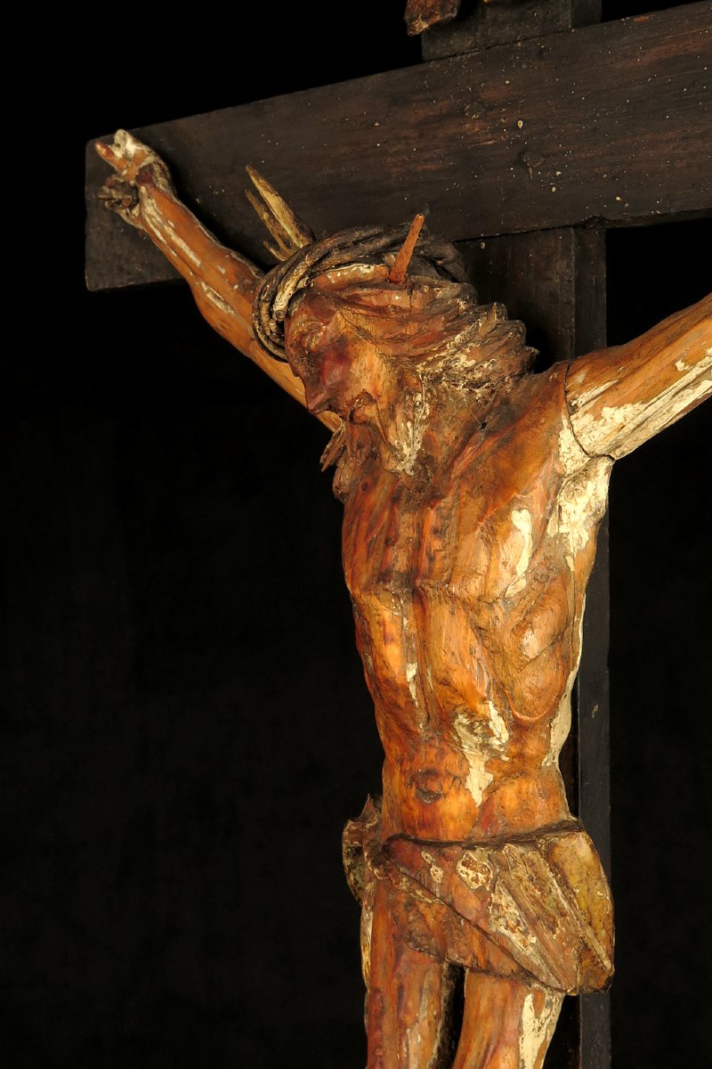 Ancien et imposant Christ sur Croix, art populaire vers 1850.-photo-7