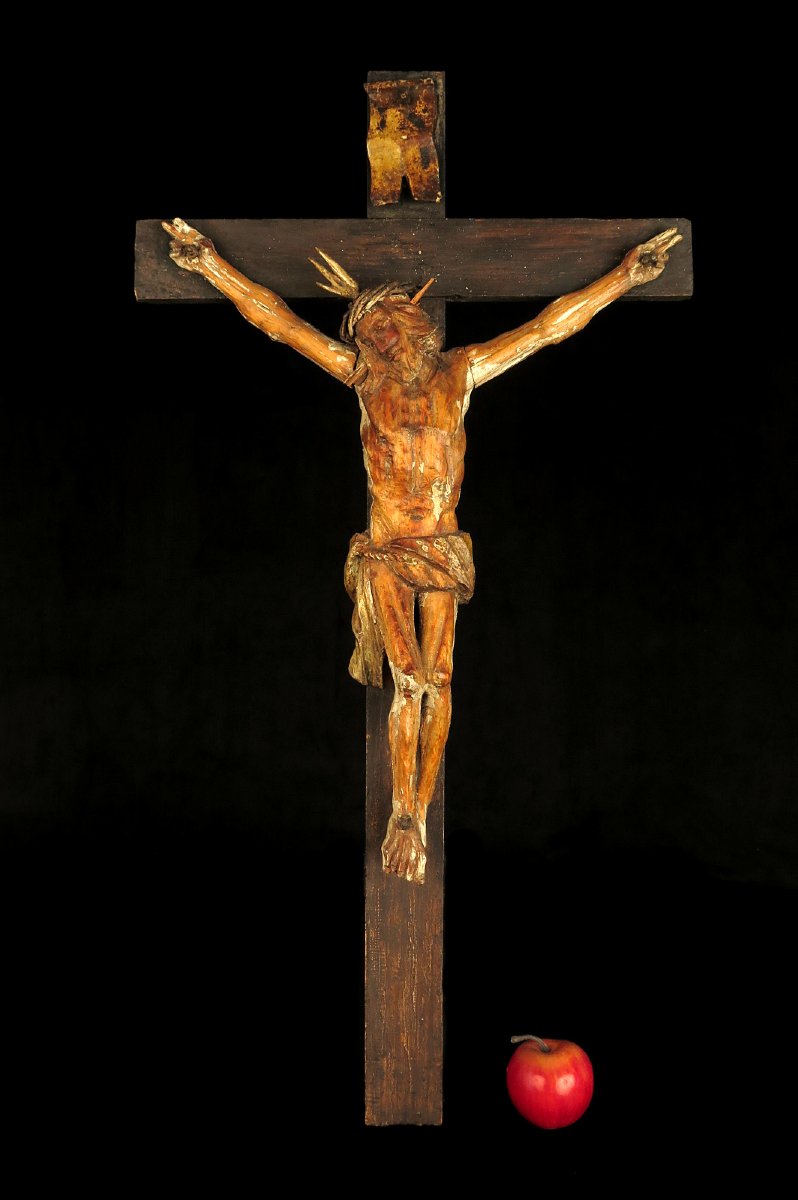 Ancien et imposant Christ sur Croix, art populaire vers 1850.-photo-8