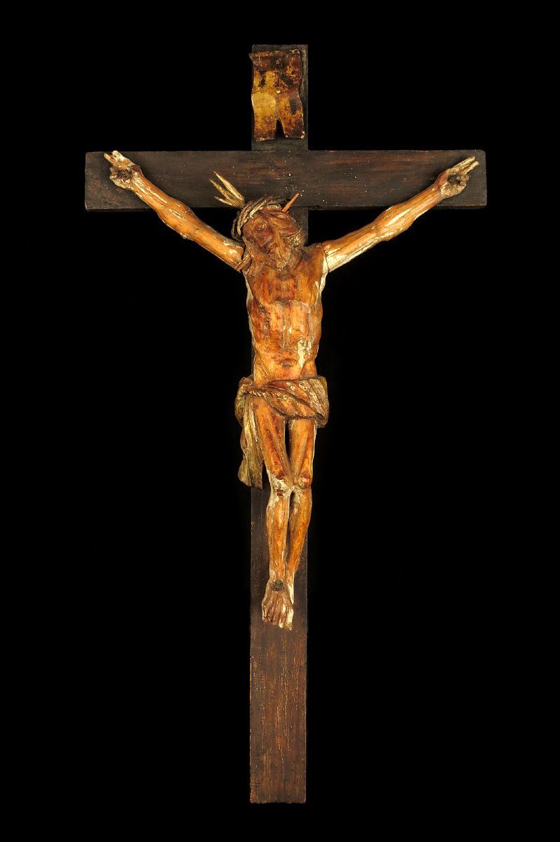 Ancien et imposant Christ sur Croix, art populaire vers 1850.