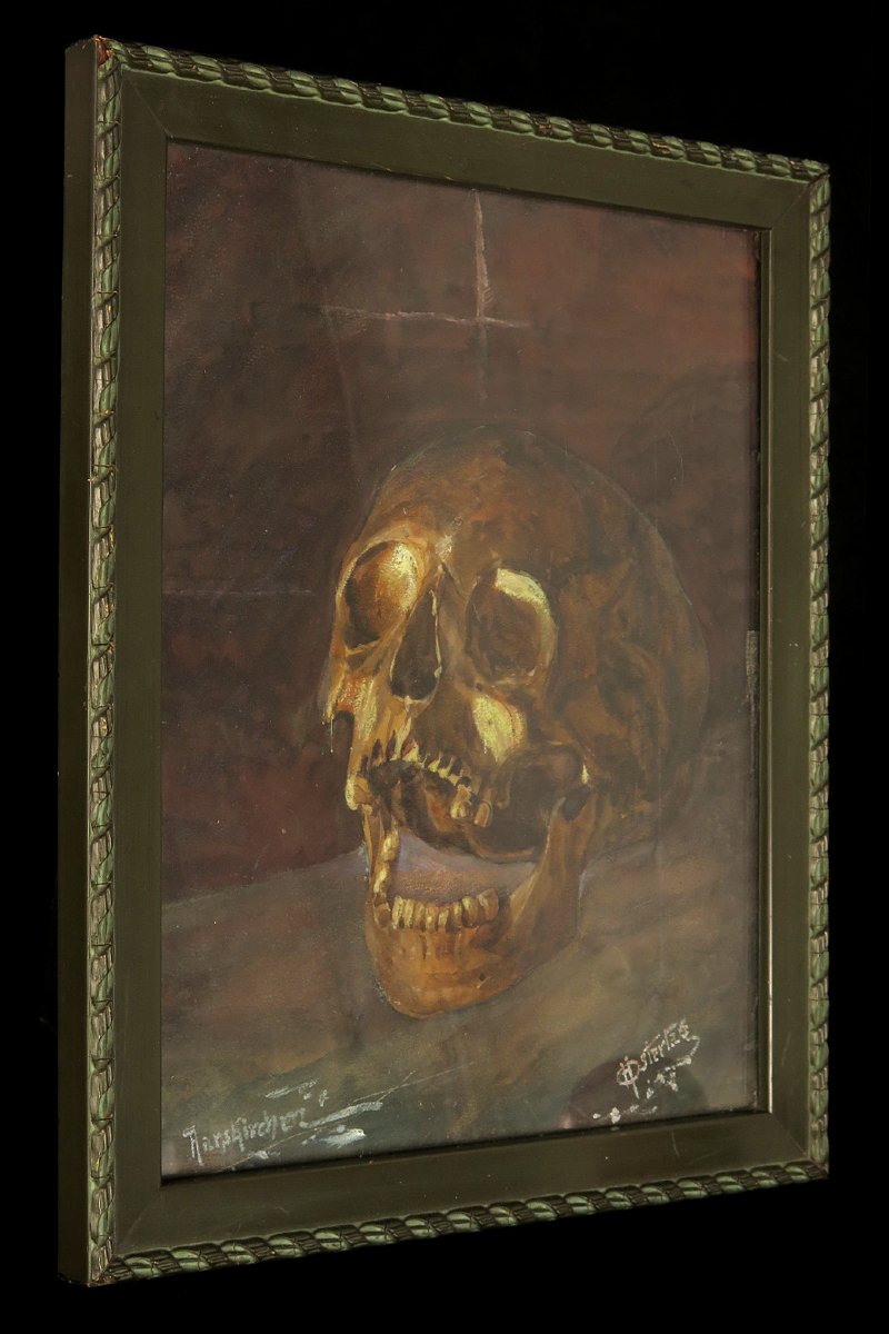 Antique Watercolor, Still Life, Circa 1920 / Memento Mori Painting, Cabinet Of Curiosities-photo-2